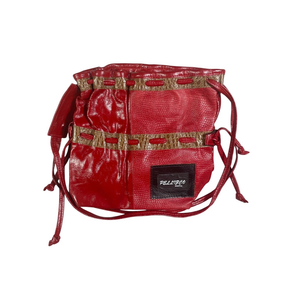 Pellicco Designs Red Black Leather Colorblock Drawstring Crossbody Bag‎ Purse